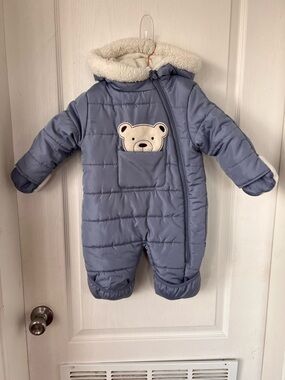 Blue Infant Puffer Snowsuit with Bear Patch